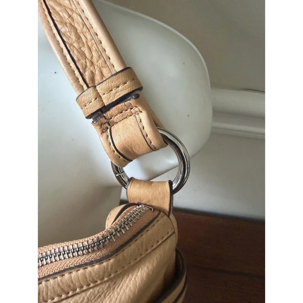 B. Makowsky Tan Leather Hobo Bag Multi-Pocket Cargo Style Silver Hardware